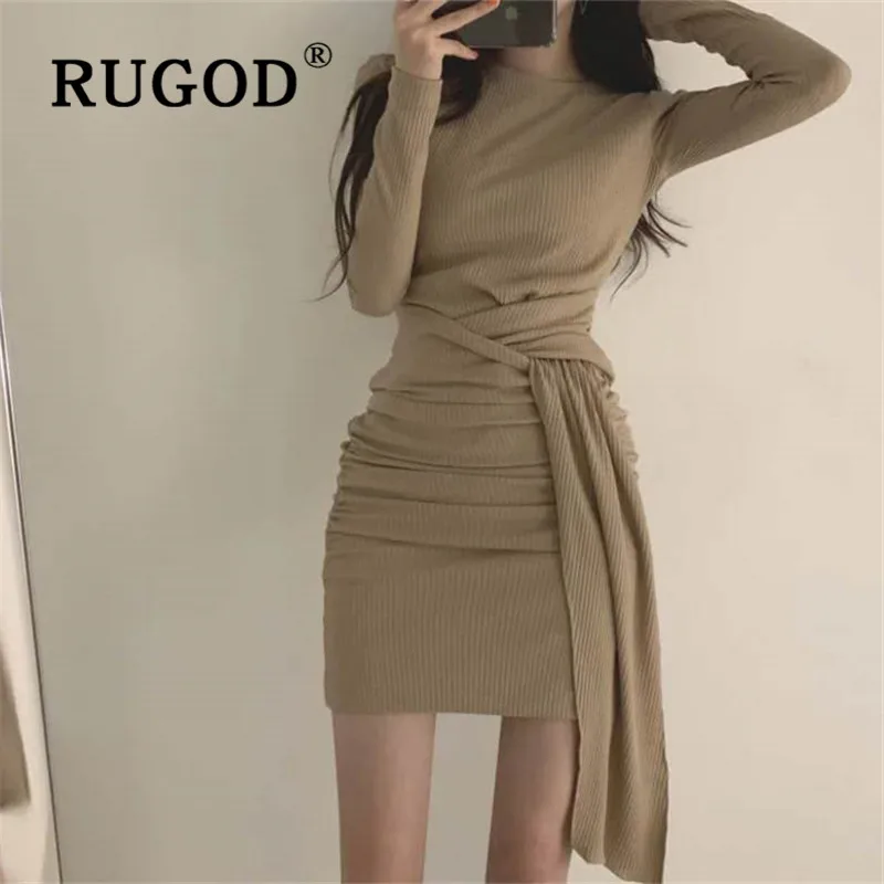 RUGOD Chic Sexy Mini Dress Solid Full Sleeves Top For Women Knitwear Casual Elegant Ladies Dresses Collect Waist Simplee Belt | Женская