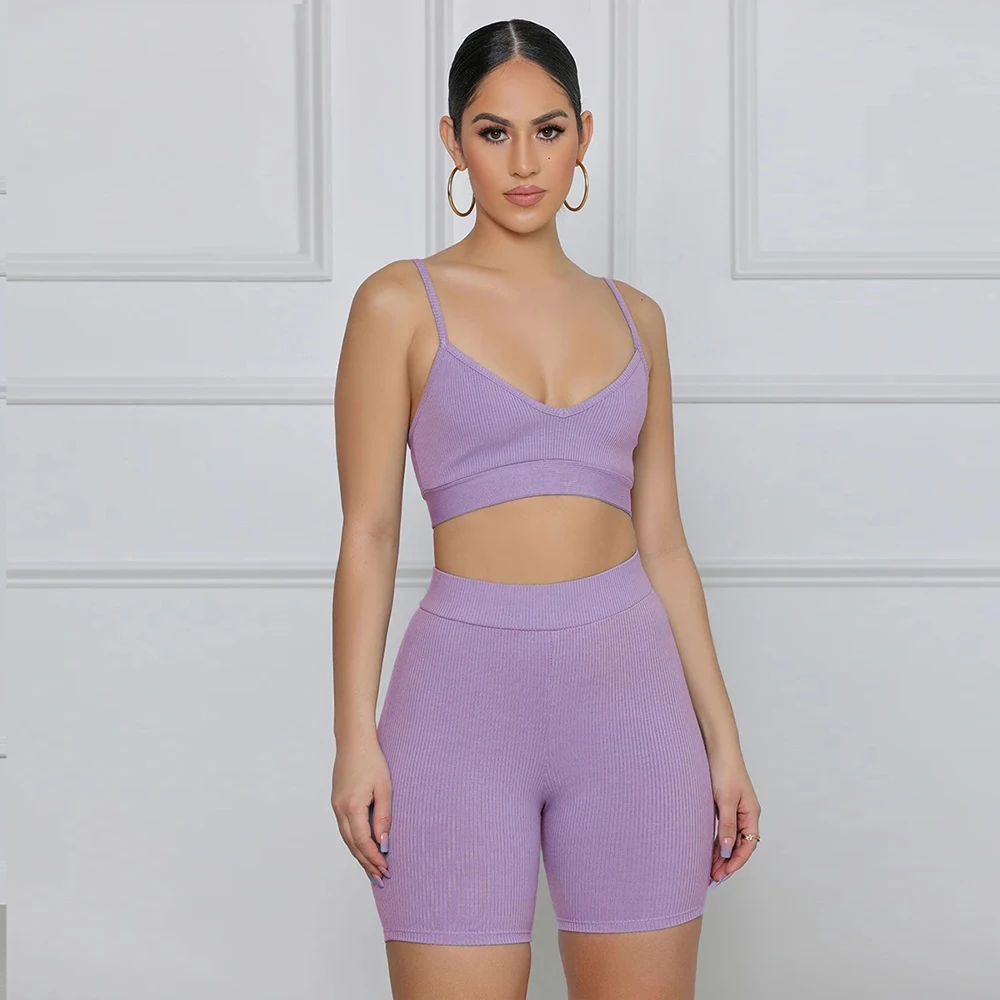 

Solid Ribbed Two Piece Short Sets for Women Spaghetti Strap Bandage Crop Top Elastic Hight Sheath Short Casual Sport Tracksuits