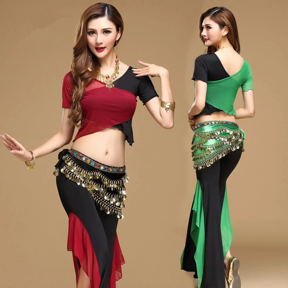 

New Quality Belly Dance Costume Bellydance Pratice Clothing Indian Set Gauze Cloth Pants Color Block Set Top Pants Belt 3pcs Set