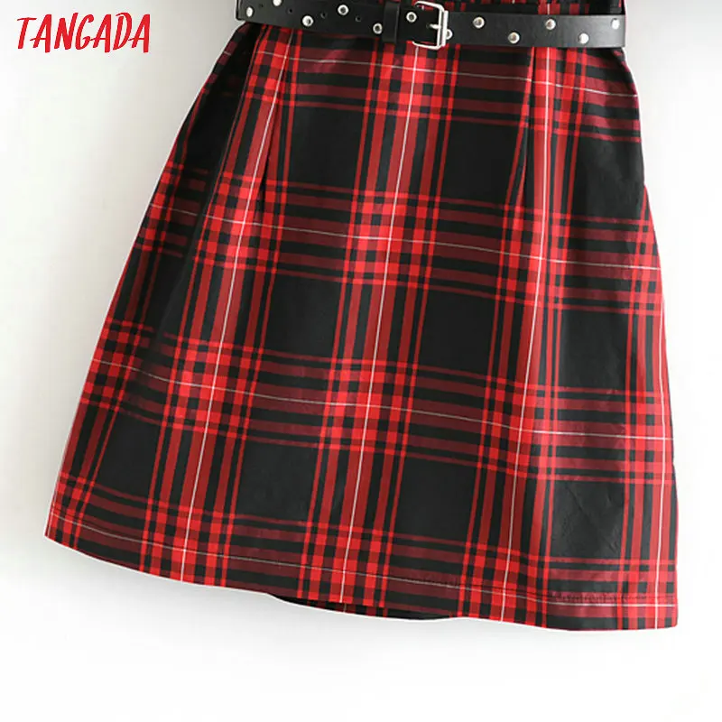 Женское Ретро красное клетчатое мини платье с поясом на молнии с коротким рукавом женское повседневное винтажное шикарное платье 3H350