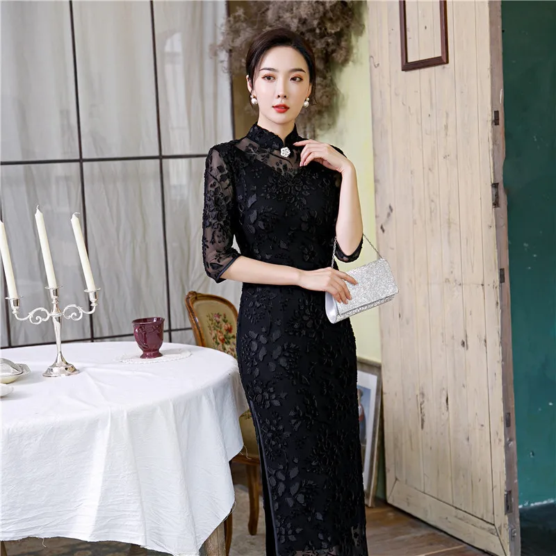 Длинное сексуальное Перспектива кружево женский Чонсам высокое Разделение 3/4 с