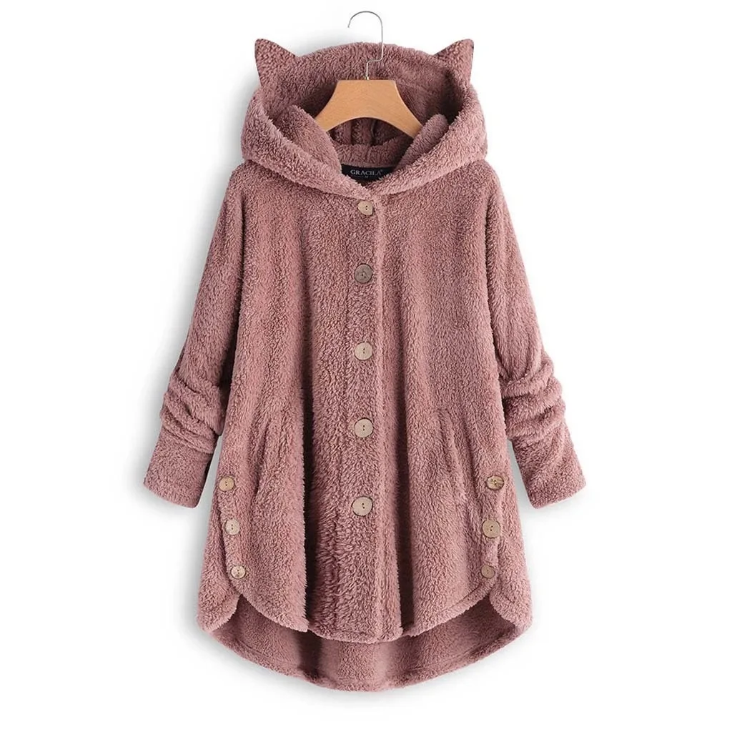 Женское пушистое пальто, свободная толстовка с капюшоном, однотонная зимняя толстовка с капюшоном и кошачьими ушками, флисовые куртки, спор... от AliExpress WW