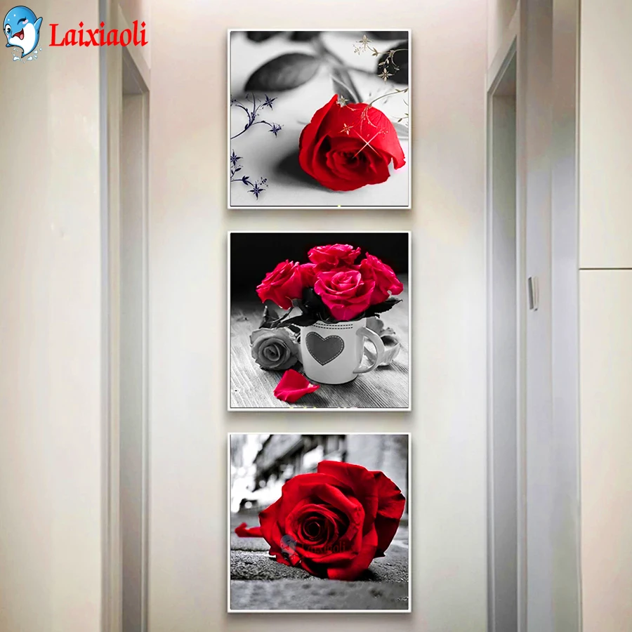

3 pcs Rose flower 5D DIY Full Round Diamond Painting Kit Cross Stitch Mosaic Diamond Embroidery Triptych Home Decoration Gift