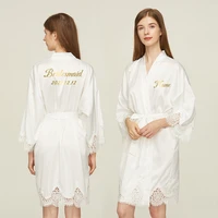 personalized custom women silk satin robe lace robe bride bridesmaid robes bridal wedding kimono robe short bathrobe print gold