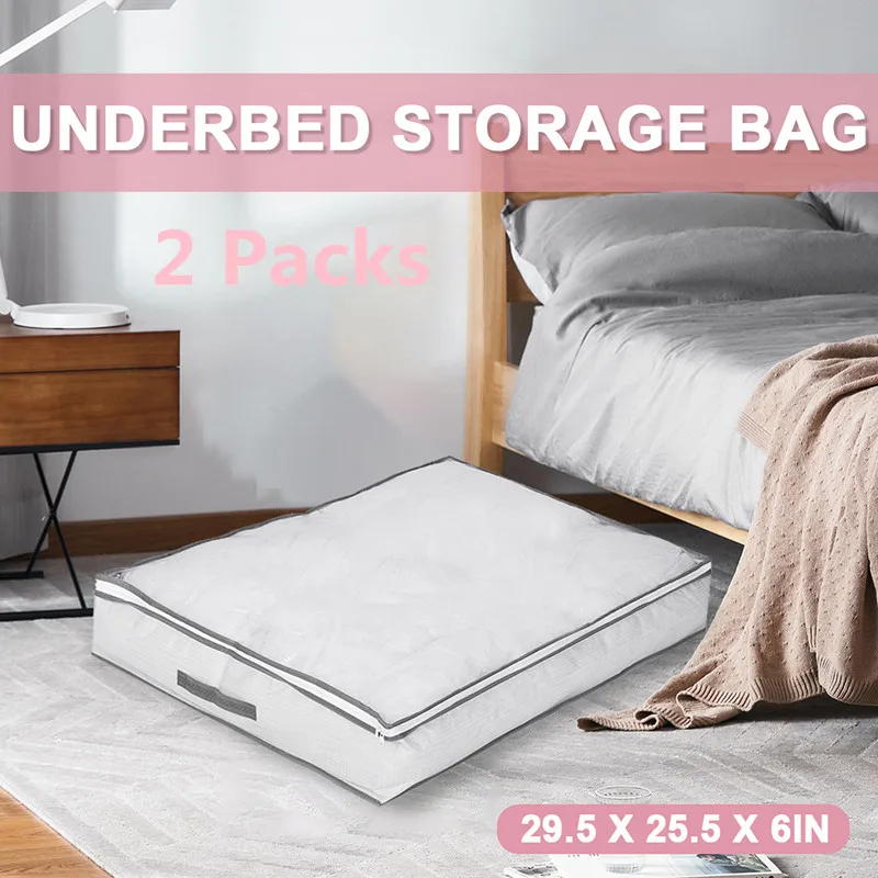 

2Pcs Foldable Under Bed Bags Large Capacity Storage Boxes Thick Breathable Clothing Blanket Shoes Dust Cover Zippered Organizer