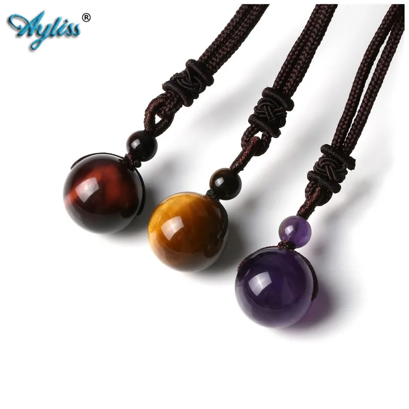 

Ayliss Natural Round Gem Stone Bead Pendant Healing Crystal Purple Pendant Necklace Adjustable Rope Necklace for Men Women Gift