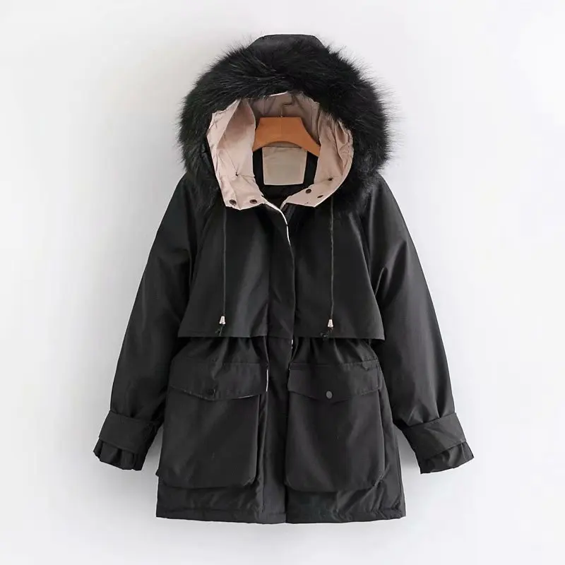 

Autumn And Winter New Fashion Casual Big Fur Collar Pie Overcoming Jacket Women Waist Solid Color Loose Hooded Cotton Coat C115