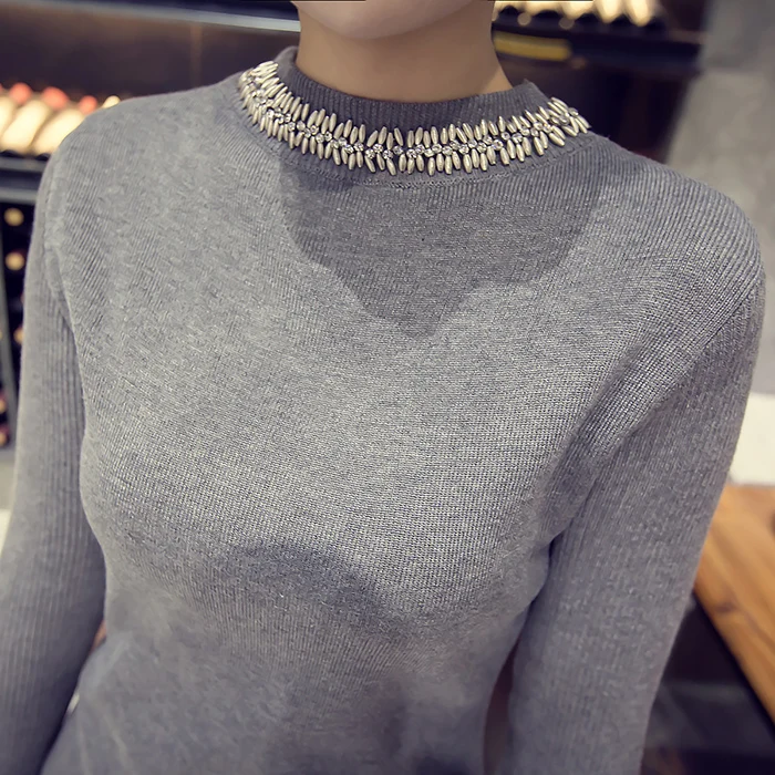 

0.5 Autumn Winter O Neck Full Sleeve Knitted Women Long Sweater Slim Crystal Decoration Pullovers