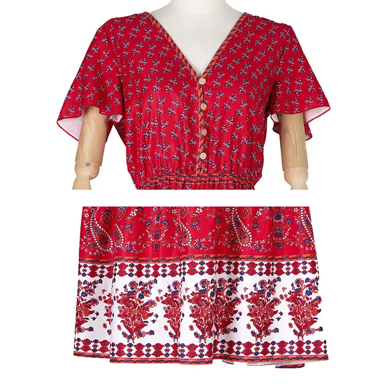 

Summer Women Dress casual Elastic waist A-Line V-Neck boho beach red Dresses short sleeve ladies autumn loose print long dress
