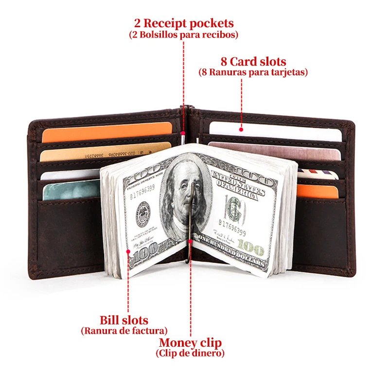 Free Engraving Name Slim Money Clip Money Case Genuine Leather Card Wallet Men Women Bifold Wallets with Coin Pocket Gift