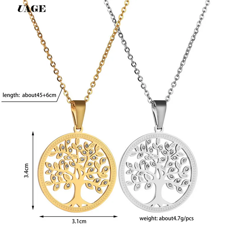 UAGE горячее Дерево жизни кристалл круглый маленький кулон ожерелье Золото