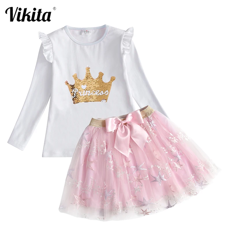 VIKITA/Детская осенняя одежда футболка принцессы с блестками и расклешенными