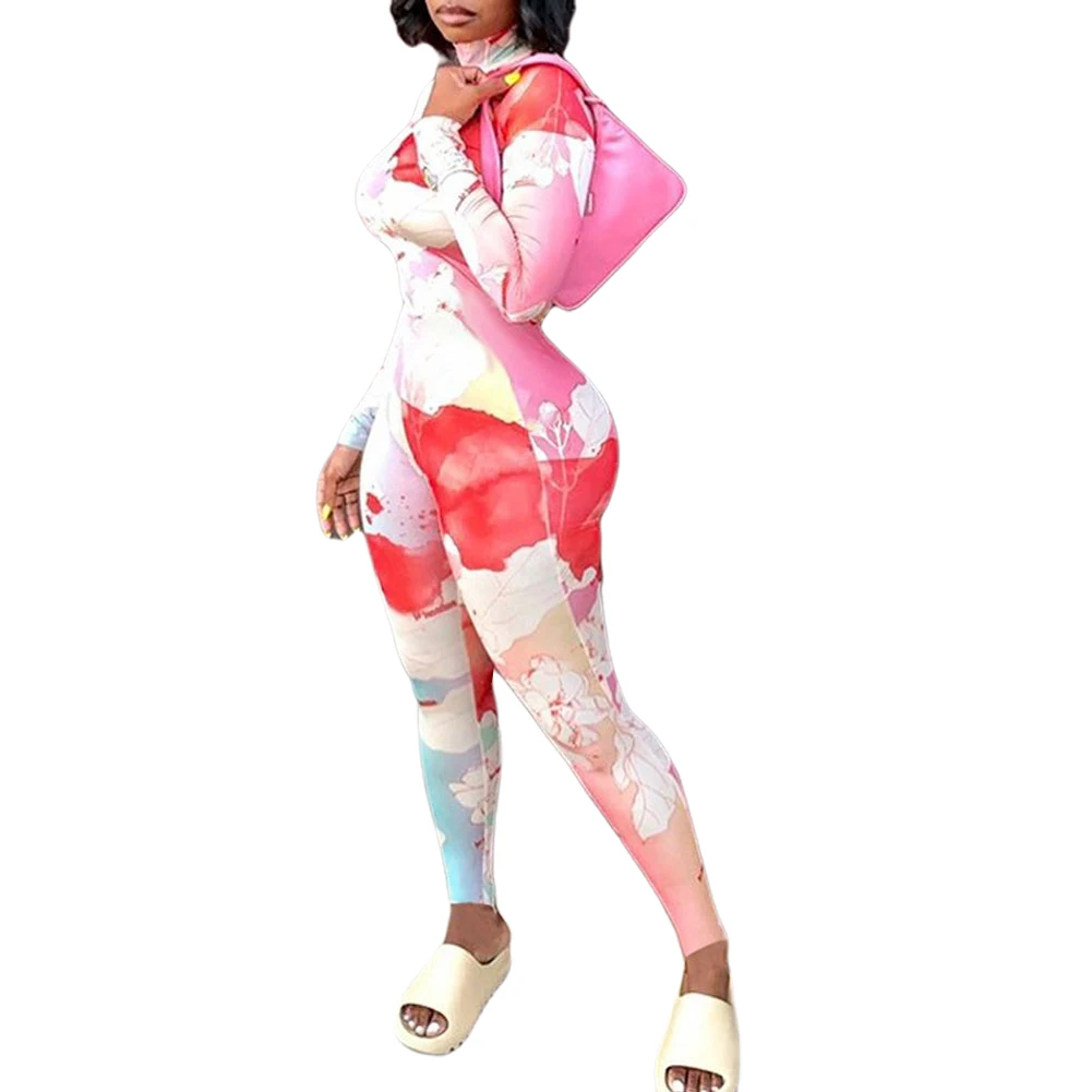 

Floral Tie Dye Print Bodycon Rompers Womens Jumpsuit Long Sleeve Fashion Fitness Sporty Workout Active Wear Jumpsuits
