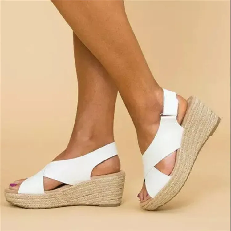 

2022 Sandals Straw Shoes Women Espadrilles Platform High Heels Suit Female Beige Clogs Wedge Large Size New Handmade Lacquered H