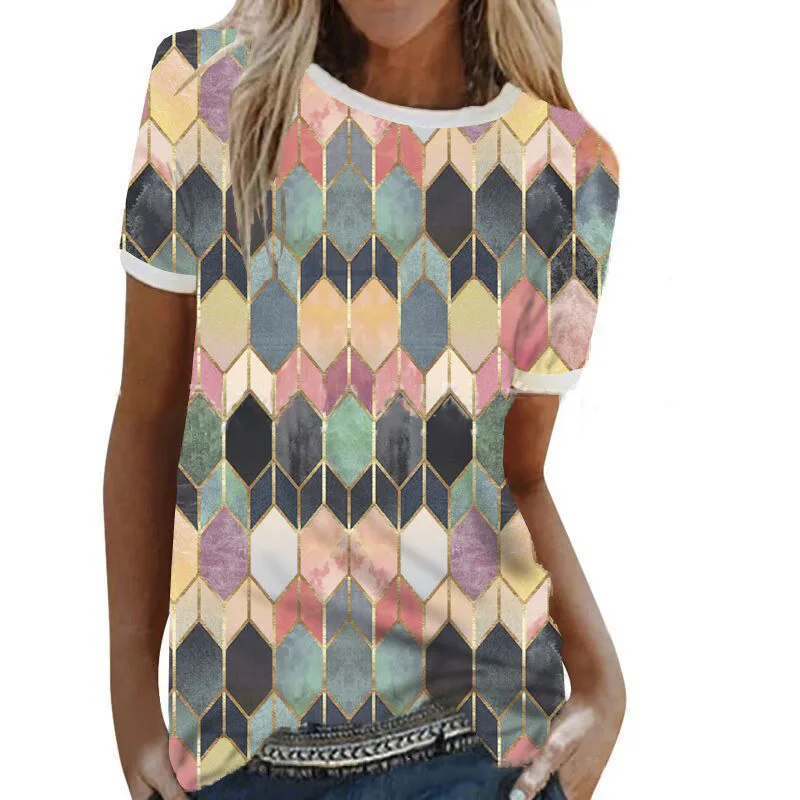 

Geometric Print Women Short Sleeve T Shirt Summer Plus Size O-Neck Loose Casual Patchwork Top Female Fashion Street Tee Oversize