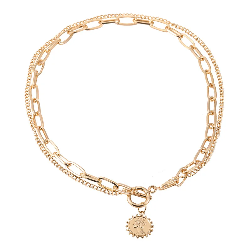 

Trendy Gold Carved Portrait Coin Pendants Necklace For Women Punk Silver Color Multilayer Chain Choker Deliacte Vintage Jewelry