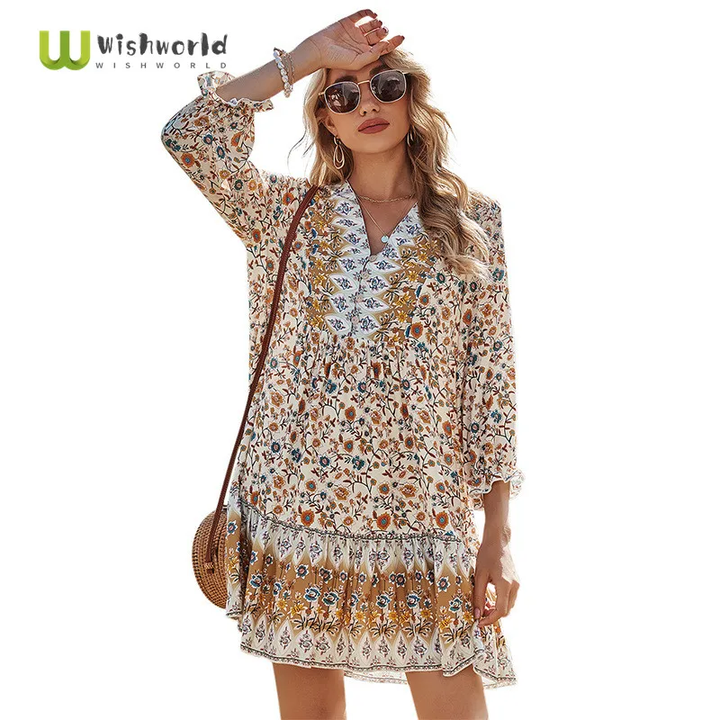 

2021 Spring New V-neck Lotus Sleeve Loose Bohemian Print Dress Fashion Women Retro National Style Sundress Party Club Dress