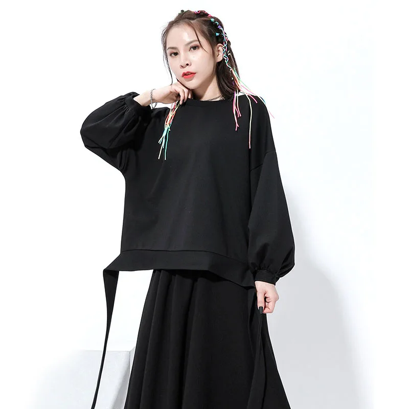 

Black Oversized Style T-shirt Lantern Sleeve Women Tee shirt Elegan With Bandage Plus Size Loose Harajuku Tops 2020 Spring Summe