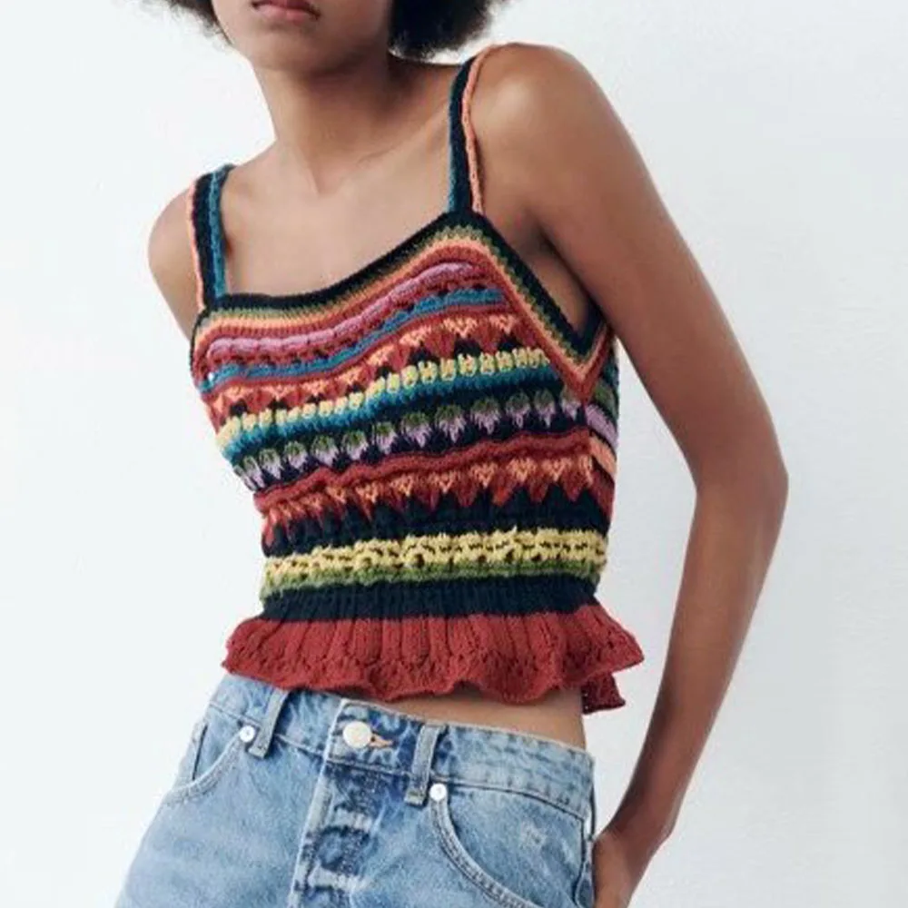 Женский вязаный свитер без рукавов Za винтажный пуловер на бретельках с оборками