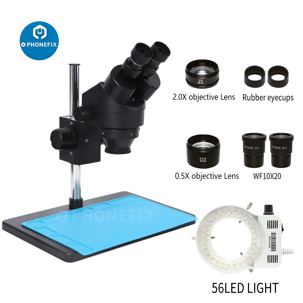 

3.5X-180X Stereo Simul-Focal Continuous Zoom Binocular Stereo Microscope Magnification+56 LED Lights for Phone Soldering Repair