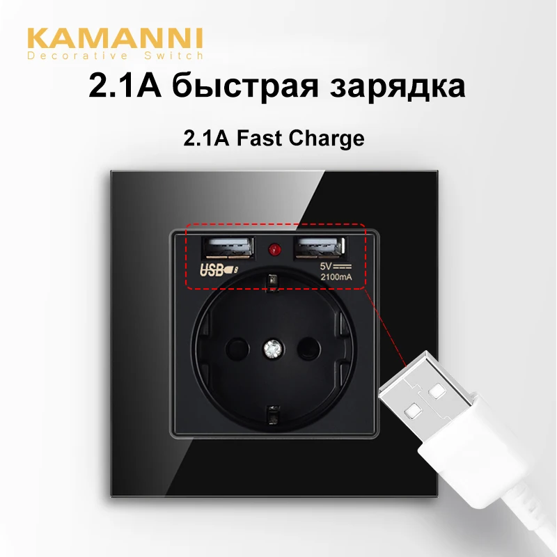 

KAMANNI A5 Socket 16A EU Standard Electrical Outlet 86mm*86mm Crystal Glass Dual USBPanel wall socket