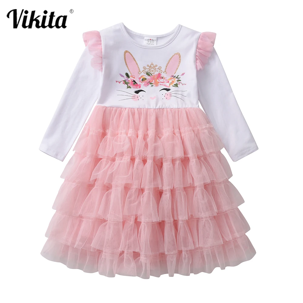 VIKITA-vestidos de malla de encaje en capas para ni&ntilde;as, trajes de fiesta para boda, Vestidos con capas, oto&ntilde;o-0