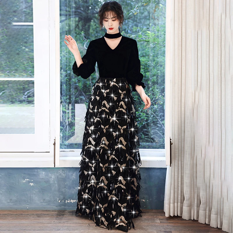

Deep V-Neck Evening Dress Sequins A-Line Zipper Back Elegant Three Quarter Sleeves Floor-Length Woman Formal Party Gowns A815