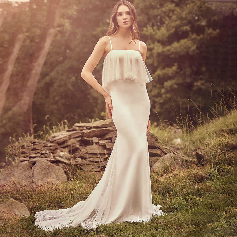 

2021 на тонких бретельках атласная Свадебная Гостевая свадебное платье с кружевами поезд пуговицы «Русалочка», на шнуровке, с низким вырезом ...