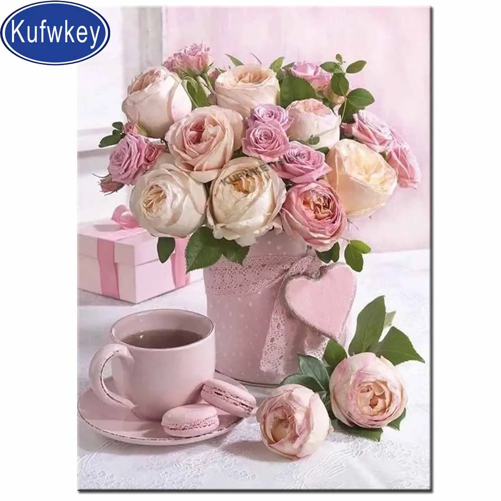 5d Алмазная мозаика розовая роза ваза цветок натюрморт чай полная квадратная