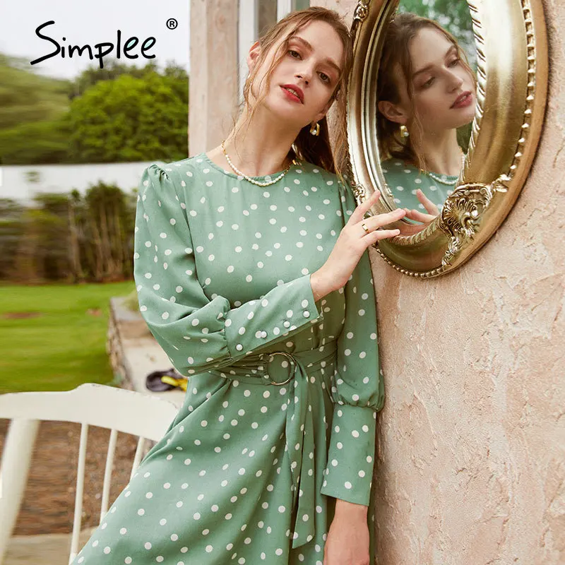 Simplee Commute вырез лодочкой в горошек зеленое женское платье с длинным рукавом