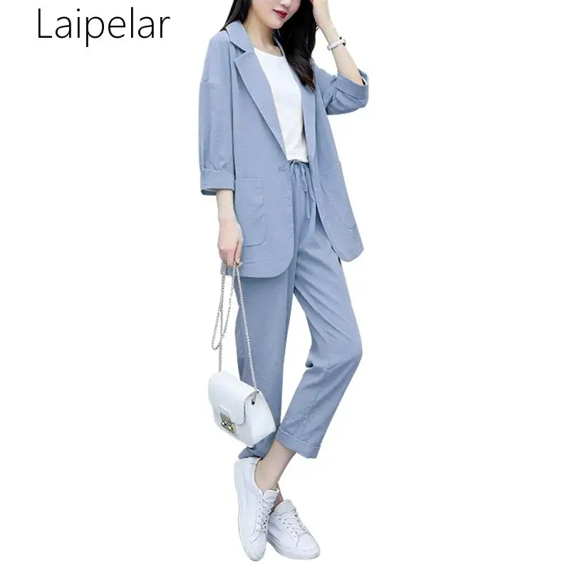 2020 корейские льняные костюмы из двух частей женские комплекты больших размеров