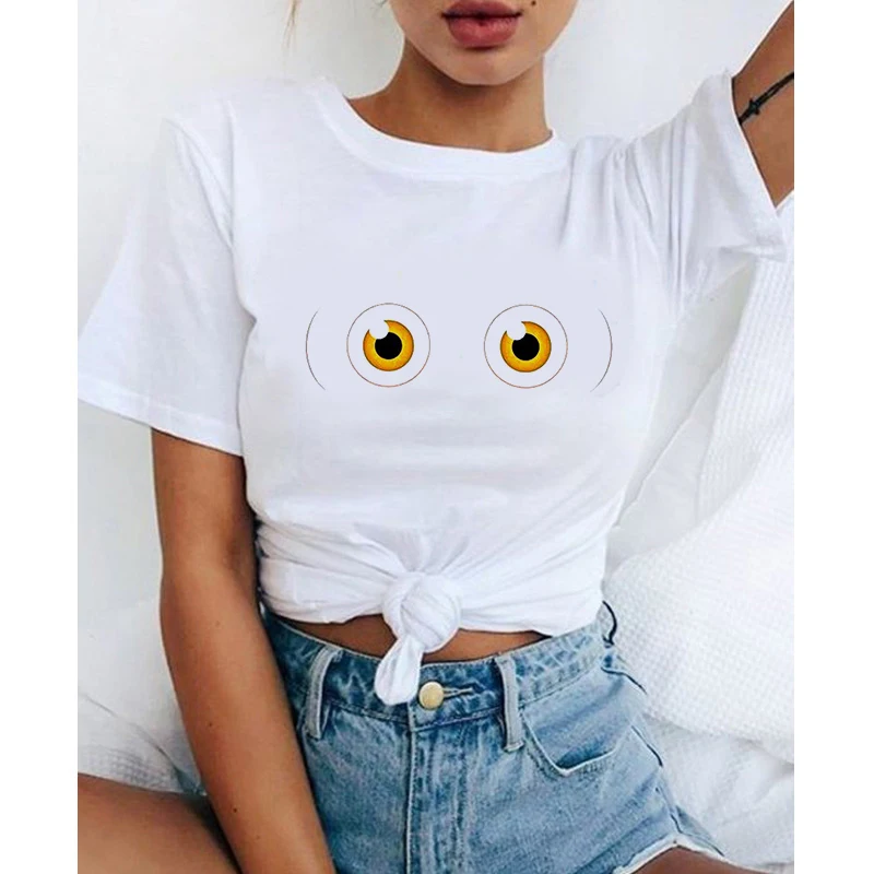 

Women's T-Shirt Printing Lady Short Sleeve Casual Shirts Face Cute Eyebrows Lip Printing Cotton Tops Ladies O-neck T-shirt