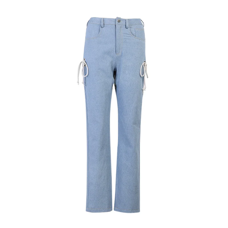 

High Waist Hollow Out Lace-up Streetwear Jeans Female Sexy Blue Washed Stretchy Slim Trousers 2021 Spring Clothes