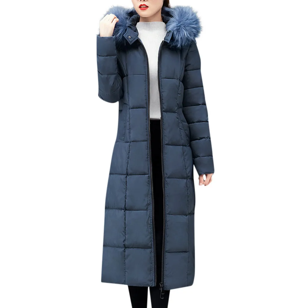 Blue Модная женская верхняя одежда, пальто с капюшоном из искусственного меха, длинные зимние теплые куртки с хлопковой подкладкой, повседневные женские модные пальто с карманами для девочек - Цвет: Blue