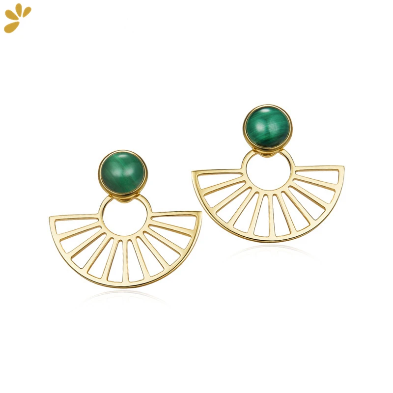 

S925 Silver Gold Plated Malachite Gemstone Fan Shape Stud Earrings For Women Simple Trendy Separable Earring Fine Jewel 2021 New
