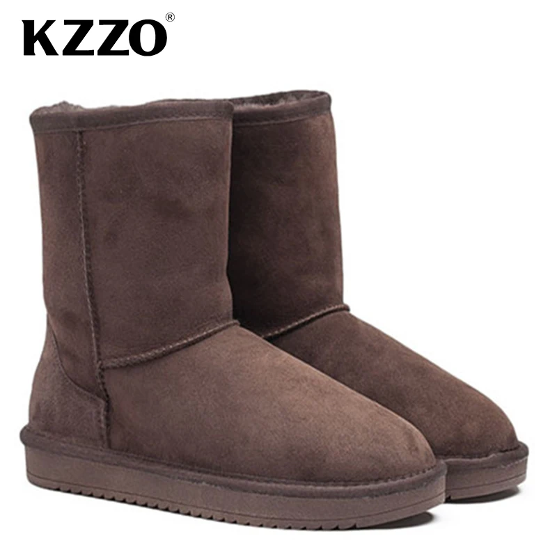 

KZZO Australian Classic Mid-calf Men Snow Boots 100% Genuine Leather Natural Wool Lined Casual Winter Warm Non-slip Shoes 38-47