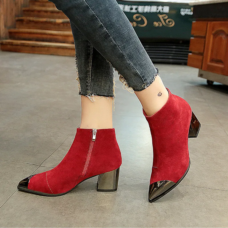 

2020 Square Heels Boots Women Winter Chelsea Boots Warm Shoes Pointed toe Sexy Ladies High Heels Boots Women's Ankle Botas