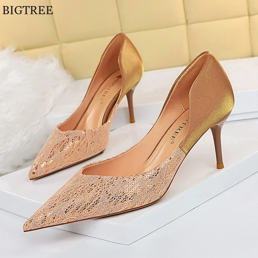 

2022 Autumn Lace Sequined Cloth Patchwork Silk Women Pumps Sexy Design Pointed Toe Dress Female Stiletto High Heels Bride Shoes