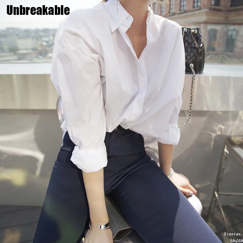 

Новое поступление 2020, Женская однотонная белая рубашка с отложным воротником и рукавами «летучая мышь», Длинная блузка на пуговицах, женска...