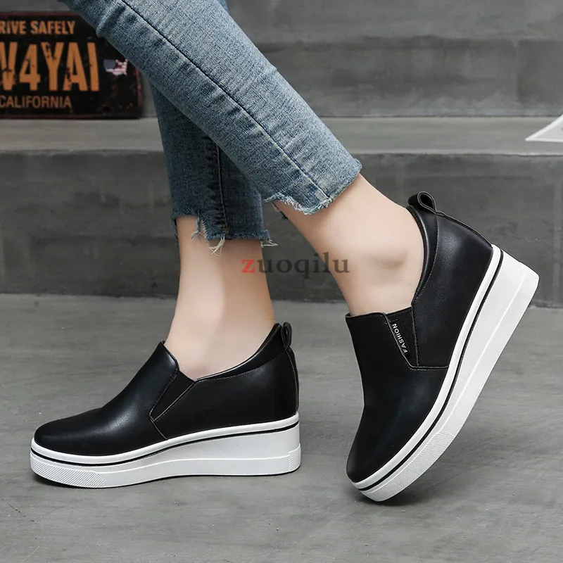

Women Hidden Heel Shoes Wedges Heels Platform Shoes Women White Black Vulcanize Loafers Leather Casual Shoes For Women 2021