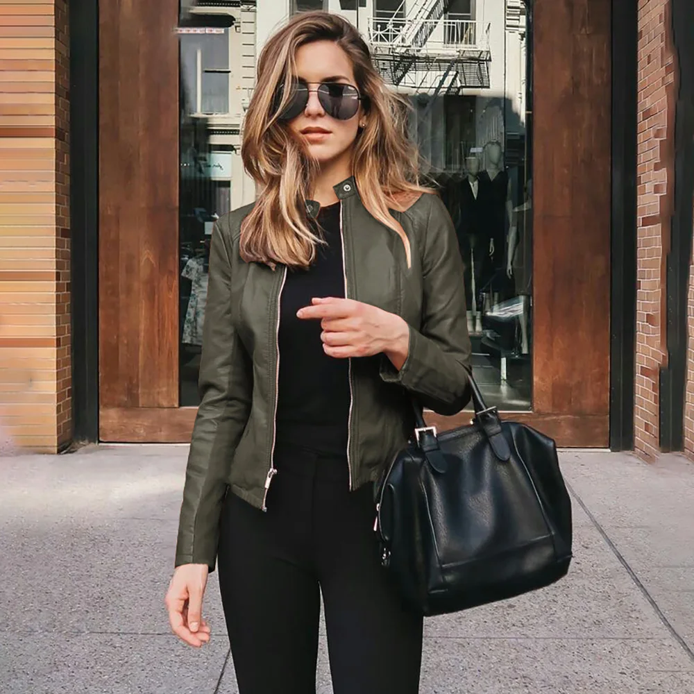 Casual Solid Color Zipper Women Jacket 2022 New Product Hot Sale Autumn Winter Fashion Stand Collar Slim Leather PU Small Suit