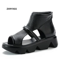 2021 new roman style summer fish mouth genuine leather sandals summer boots women sandals platform non slip increased sandals