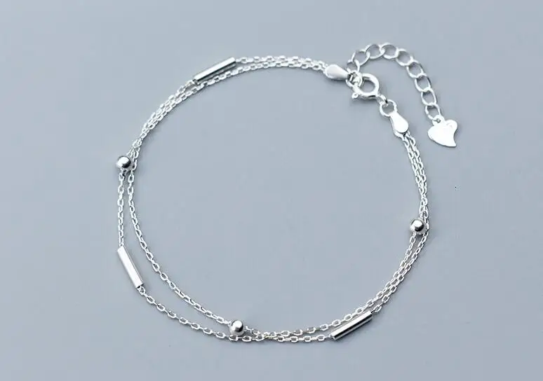 

real. 100% 925 Sterling silver Fine Jewelry Double rows Lucky bar &Polished round ball beads GEOMETRIC Bracelet GTLS607