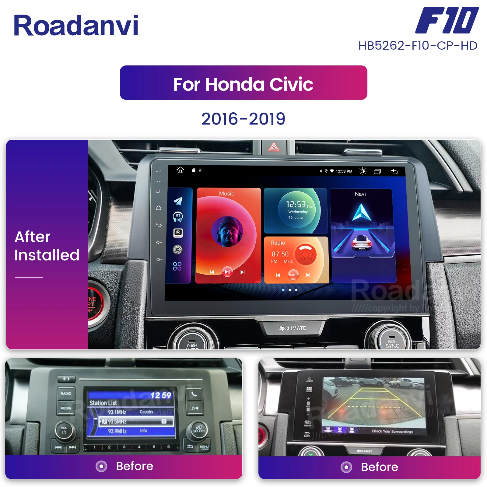 Roadanvi для Honda Civic 2015 2016 2017 автомобильное радио видео 8 ГБ 128 4 Гб ОЗУ 64 ПЗУ Apple Carplay Android