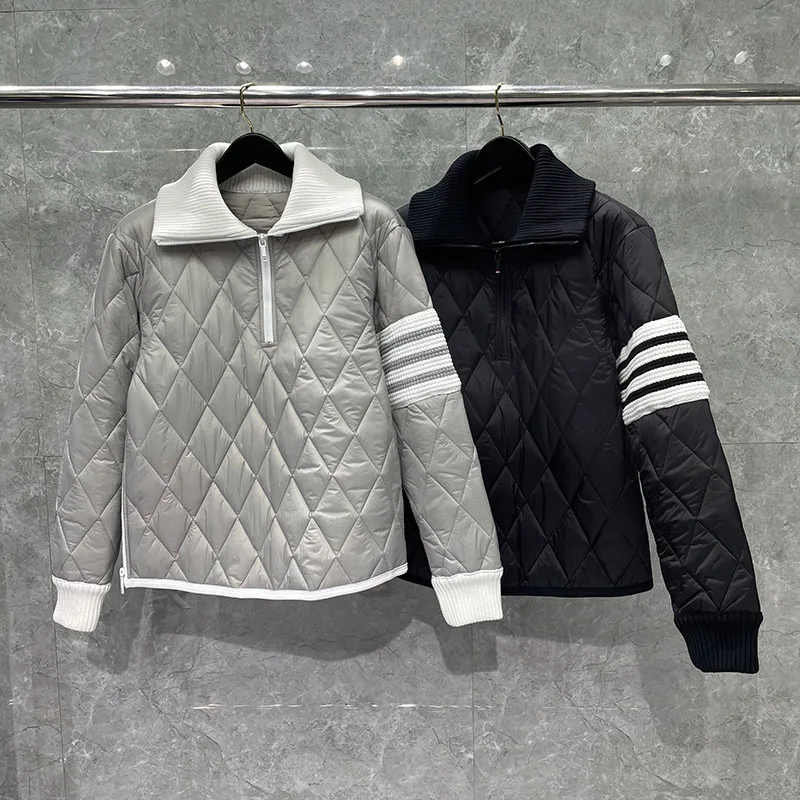 TB THOM Men's Jacket Winter Fashion Brand Coats 4-Bar Stripe Diamond Lattice Turn Down Collar Cotton-Padded Zip Pullover Jackets