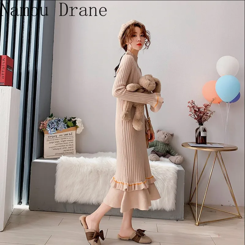 

2020 New Arrival Ruffles Half Turtleneck Sweater Dress Women Contrast Color Long Sleeve Knitted Dresses Winter Clothes