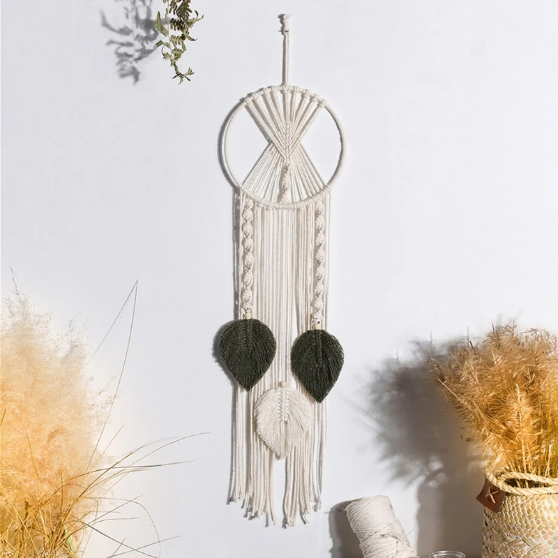 Atrapasue&ntilde;os colgante de pared de macram&eacute; de estilo n&oacute;rdico, tapiz de hojas de borlas tejido bohemio hecho a mano para decoraci&oacute;n de habitaci&oacute;n de ni&ntilde;os y boda-2