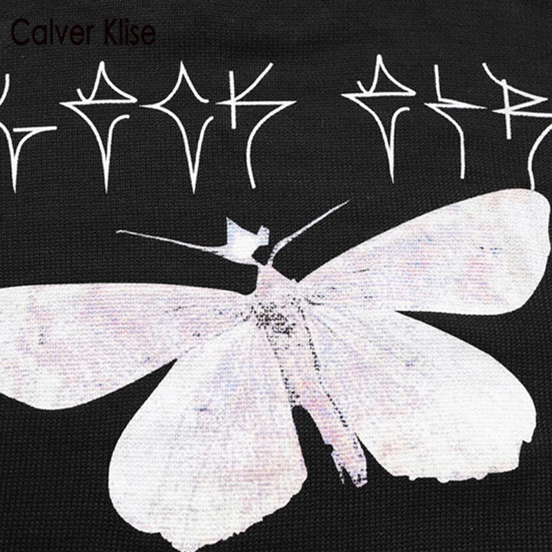 

Calver Klise Rapper Butterfly Print Knitted Sweater Jumpers Streetwear Hip Hop Harajuku Knitwear Tops Mens Fashion Pullover
