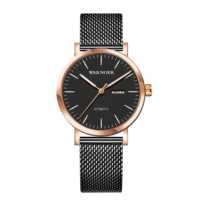 black rose gold WAKNOER автоматические часы мужские водонепроницаемые светящиеся роскошные часы из розового золота простой стиль светящиеся механические часы с календарем в минималистическом стиле - Цвет: black rose gold