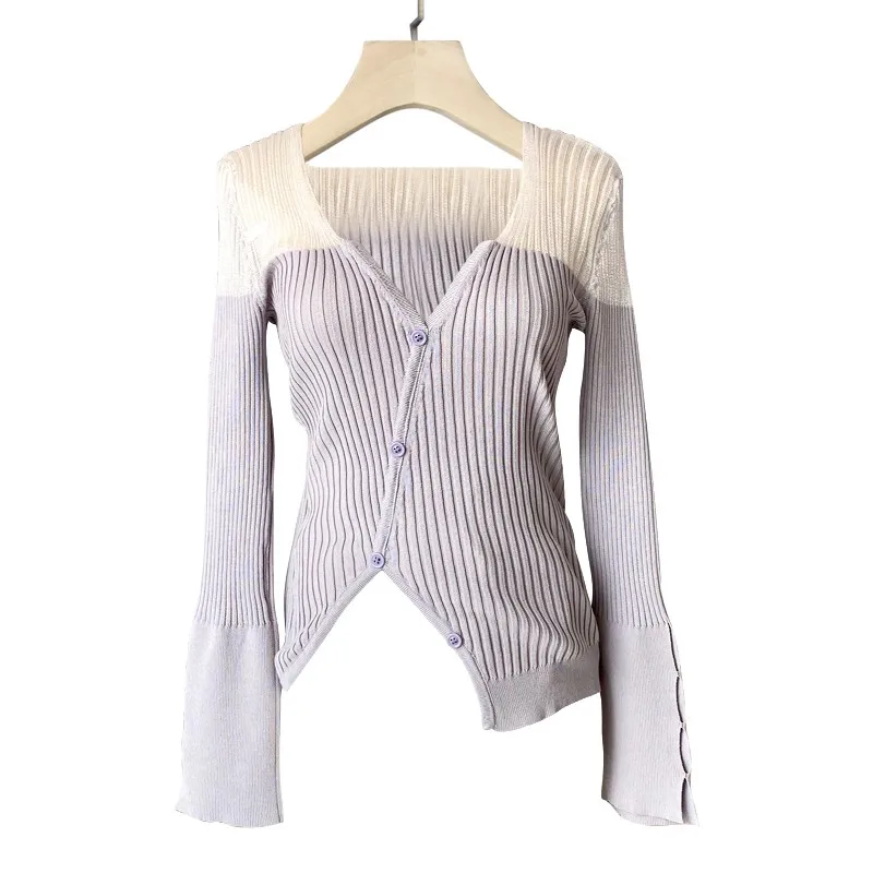 

Summer Sexy V Neck Knitting T Shirt Women Mixed Colors Thin Section Irregular Single Breasted Long Sleeve T Shirts Casual Tops